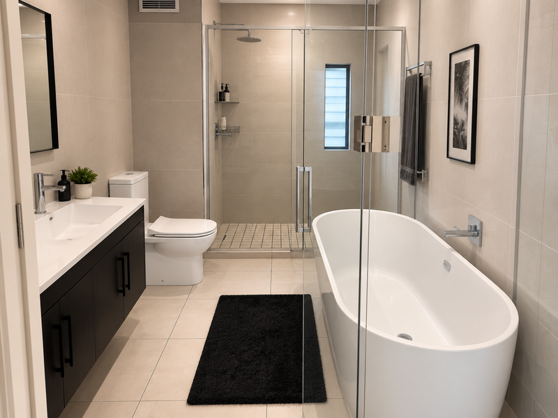 Modern bathroom featuring a sleek freestanding bathtub, a glass-enclosed shower, a contemporary vanity with basin, and neutral floor-to-ceiling tiling.