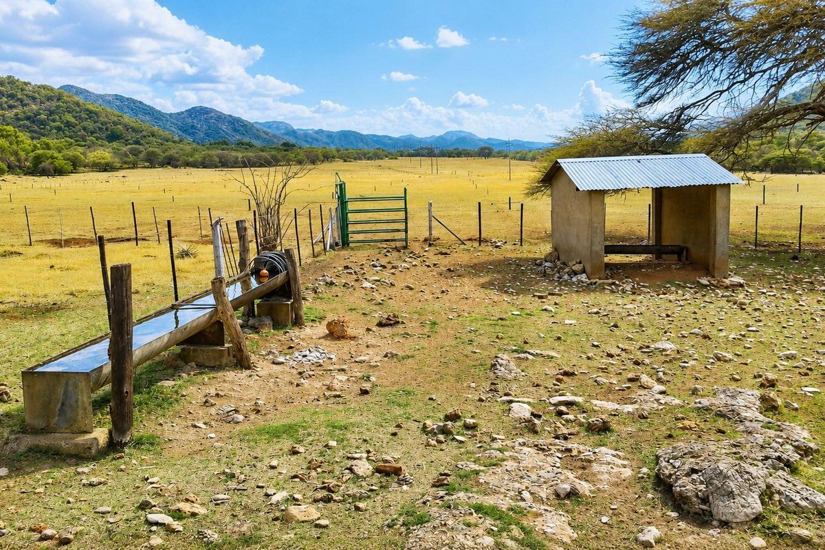 Outdoor small holding area featuring a livestock water trough, a simple corrugated metal shelter, and wire fencing set against a scenic mountain landscape.