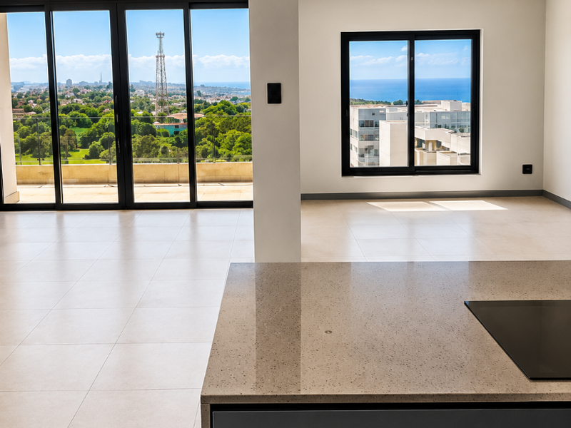 Spacious open-plan living area featuring a modern kitchen island, large format tiling, and expansive floor-to-ceiling windows with panoramic coastal and urban views.