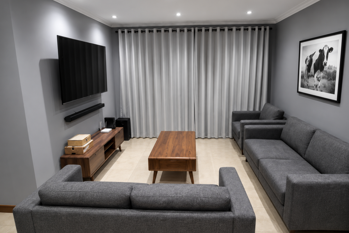 A modern, well-maintained living room featuring neutral grey walls, tiled flooring, recessed downlighting, and floor-to-ceiling curtains.