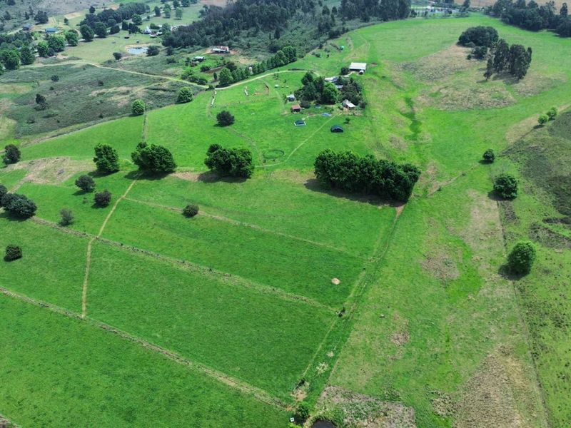 An aerial view of the small holding property, showcasing expansive green pastures, fenced paddocks, and established trees across the landscape.