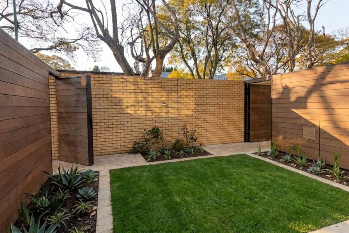 A well-maintained private garden featuring a manicured lawn, landscaped garden beds, and a combination of brick and timber-clad boundary walls.
