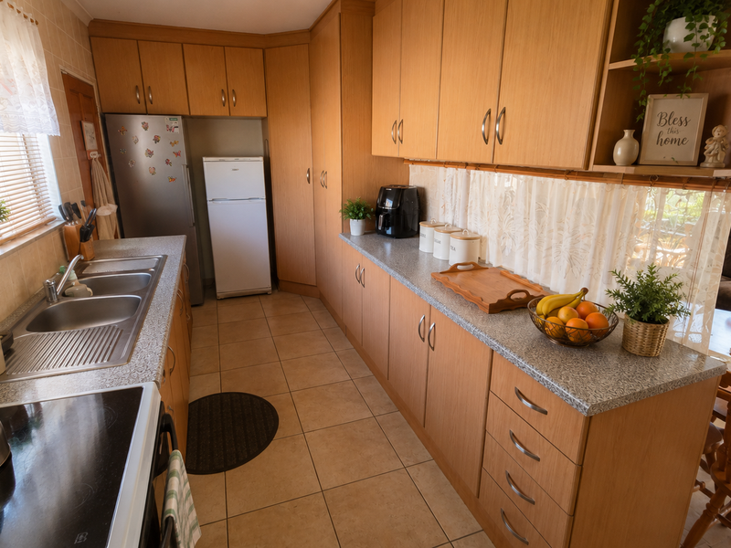 A functional kitchen featuring light wood-tone cabinetry, laminate countertops, a double basin sink, and ceramic tile flooring, offering a practical layout for daily use.