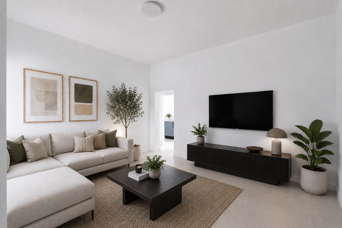A bright and modern living room featuring neutral tiled flooring and clean white walls, creating a spacious and inviting atmosphere.