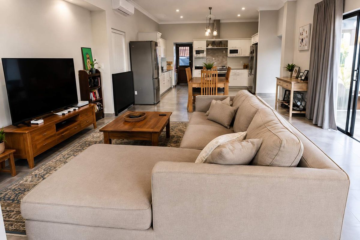 Spacious open-plan living and dining area featuring a modern kitchen with built-in appliances, tiled floors, and direct access to the outdoor patio.