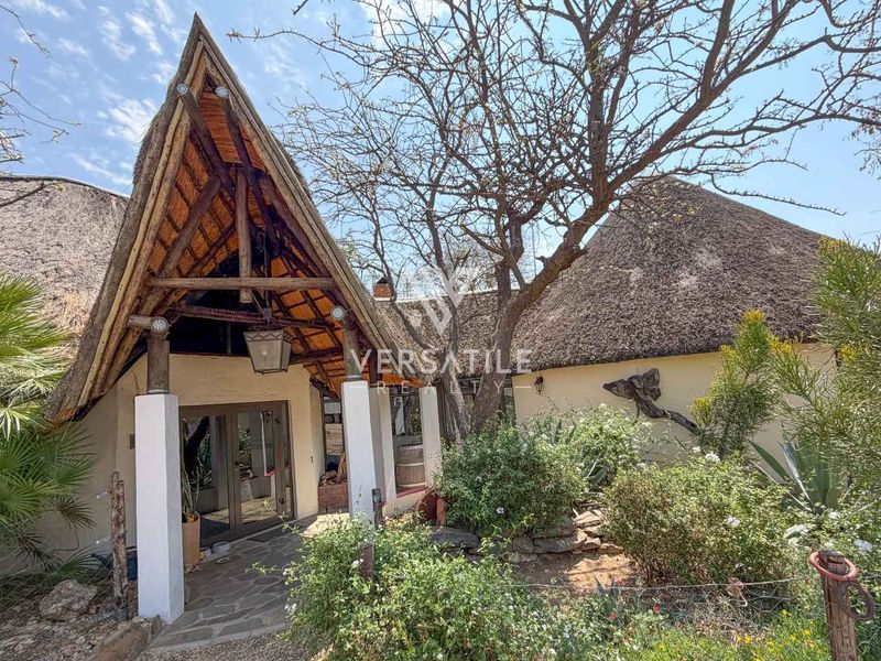 Front entrance of a small holding property featuring a distinctive thatched roof, exposed timber trusses, and a stone paved walkway leading to glass double doors.
