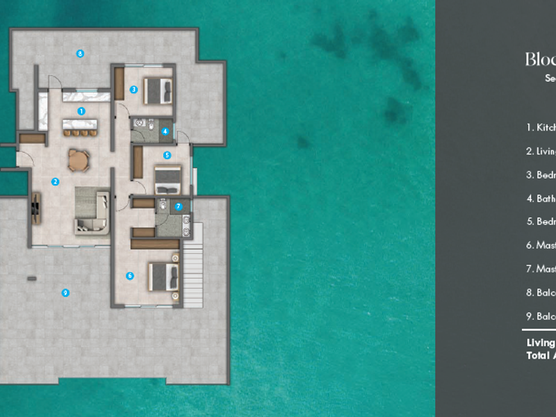 A detailed floor plan for a three-bedroom penthouse in Block C, showing the layout of living areas, bedrooms, bathrooms, and expansive balconies.
