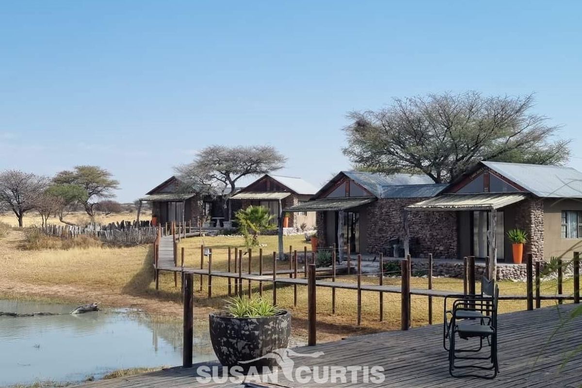 A scenic view of multiple guest chalets featuring stone cladding and corrugated metal roofs, connected by elevated wooden walkways overlooking a natural waterhole.