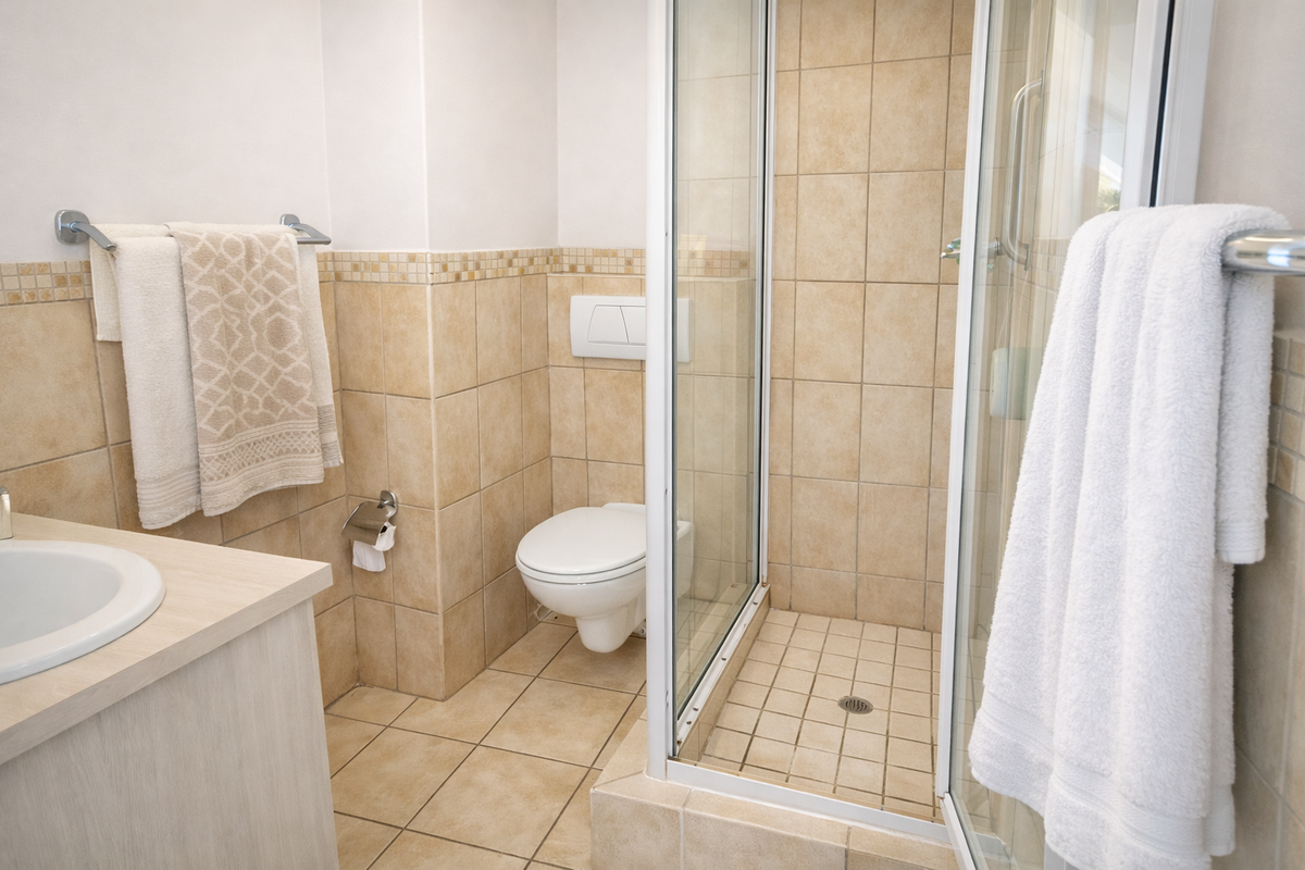 A functional bathroom featuring a glass-enclosed shower, wall-mounted toilet, and a vanity with a built-in sink, finished with neutral ceramic tiling.