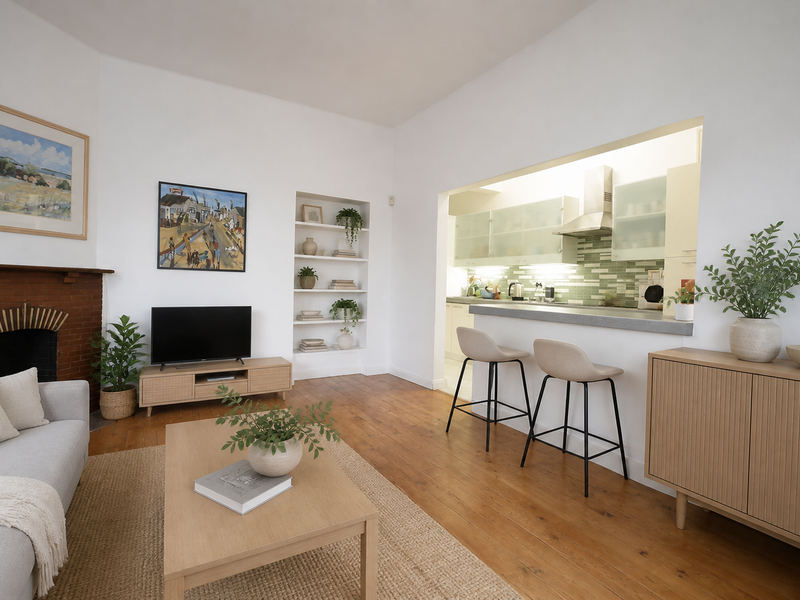 Open plan living area featuring timber flooring, a brick fireplace, built-in shelving, and a functional kitchen with a breakfast bar.