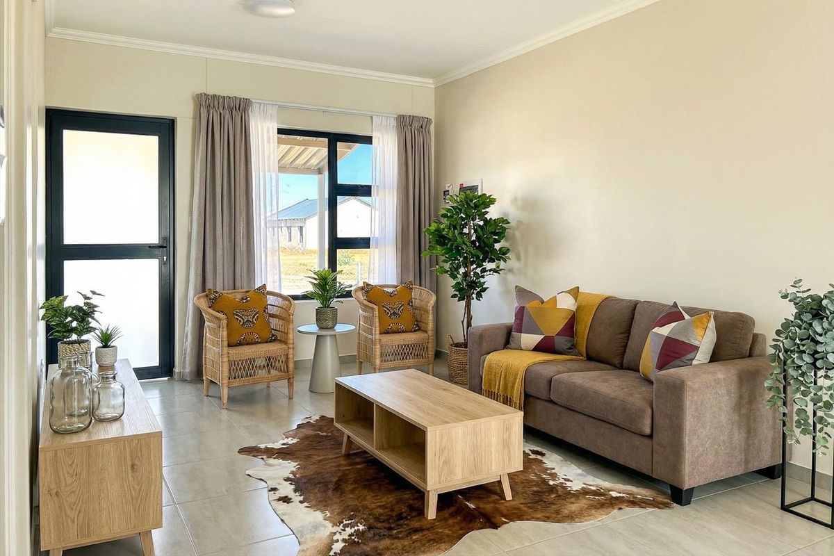 A bright and well-maintained living room featuring neutral tiled flooring, modern aluminium window and door frames, and clean wall finishes.