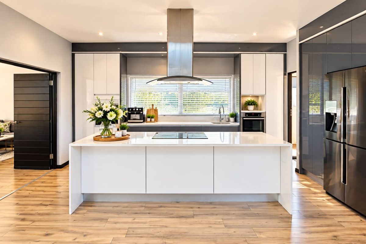 Modern kitchen featuring a central island with quartz countertops, high-gloss cabinetry, stainless steel appliances, and wood-look laminate flooring.
