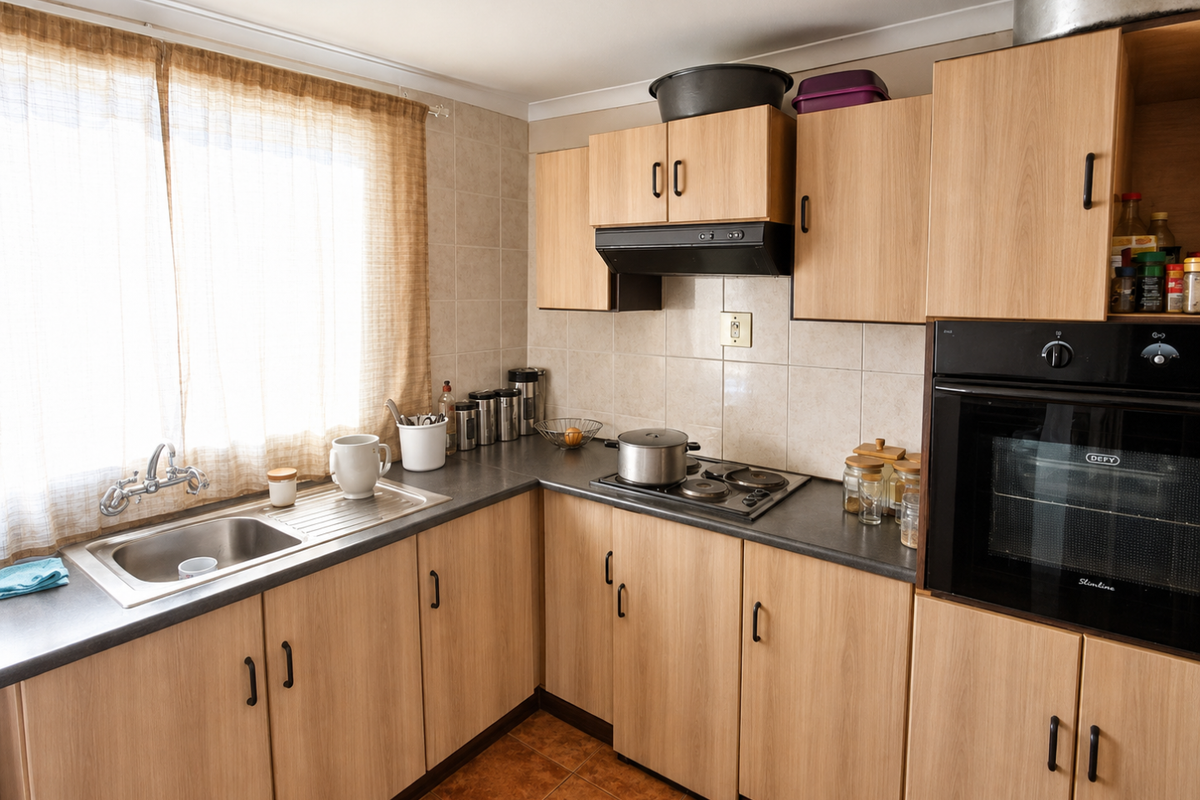Functional kitchen featuring light wood-look cabinetry, dark laminate countertops, built-in oven, electric hob, and tiled backsplash with natural light.