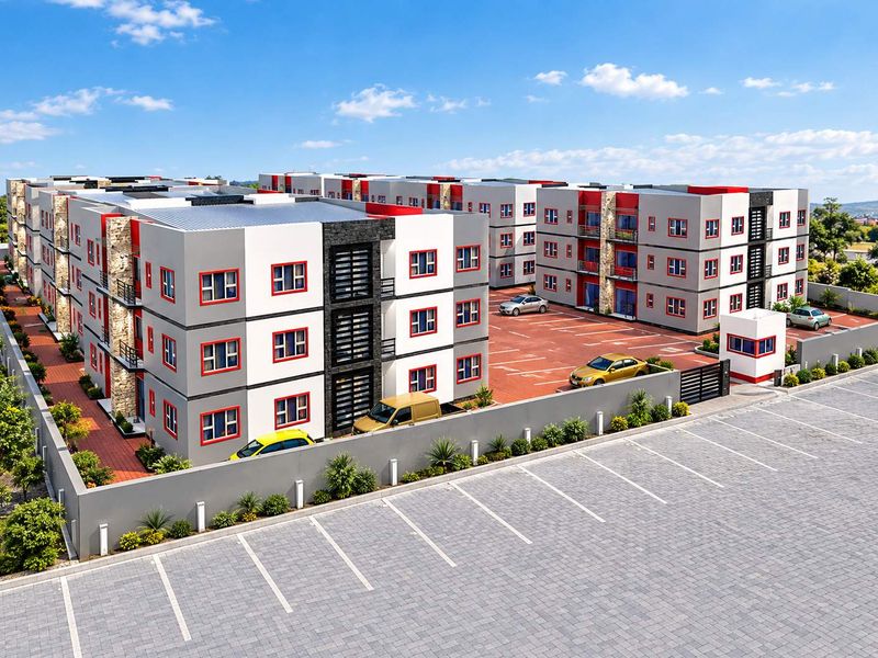 Aerial view of a modern apartment complex featuring multi-story residential blocks, paved parking facilities, and a secure perimeter wall.