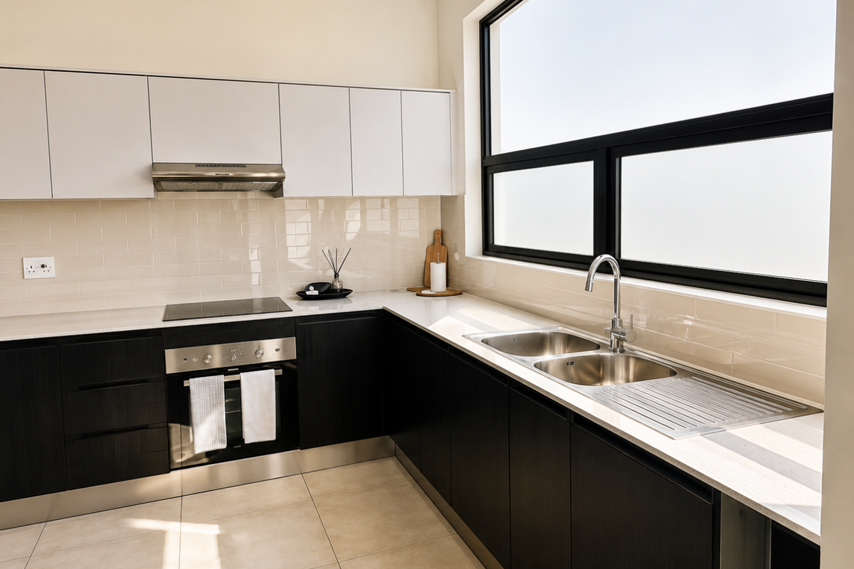 Modern kitchen featuring sleek two-tone cabinetry, stone countertops, integrated stainless steel appliances, and a large window providing ample natural light.