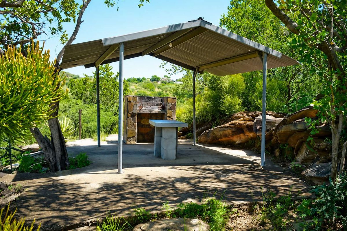 Outdoor covered patio area featuring a built-in stone braai, concrete prep surface, and metal roofing, set within a natural garden environment.