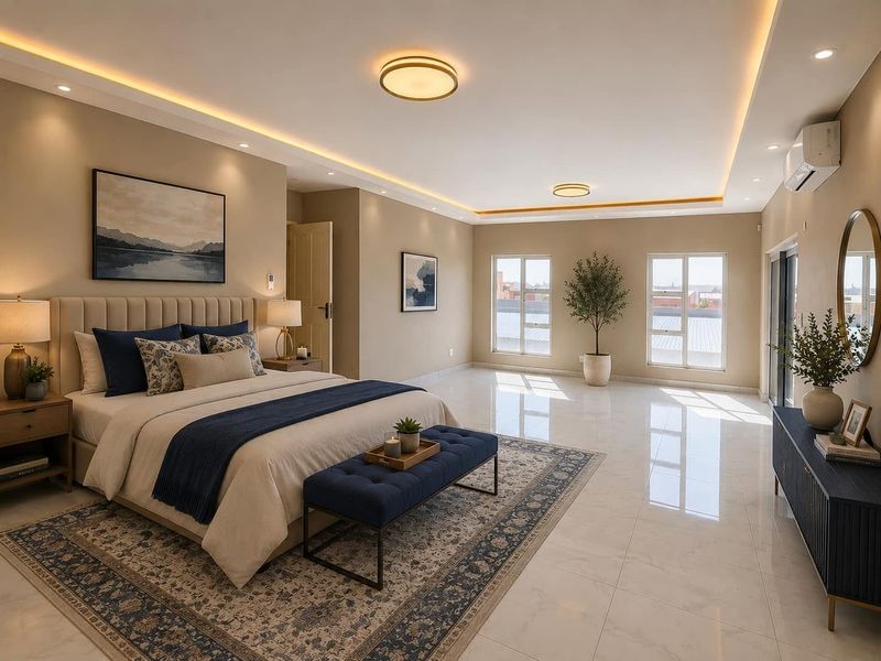 Spacious, modern bedroom featuring polished tile flooring, recessed cove lighting, and a wall-mounted air conditioning unit with large windows providing ample natural light.