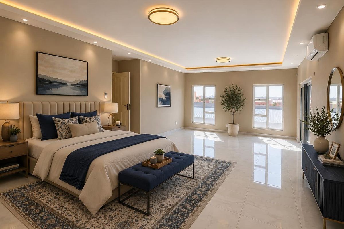 Spacious, modern bedroom featuring polished tile flooring, recessed cove lighting, and a wall-mounted air conditioning unit with large windows providing ample natural light.
