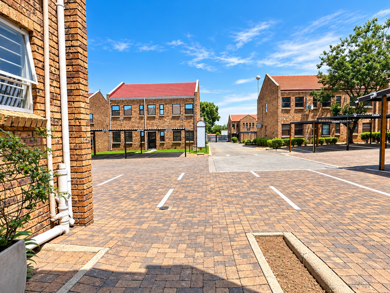 A well-maintained business complex featuring face brick buildings, paved parking bays, and covered carport structures under a clear blue sky.