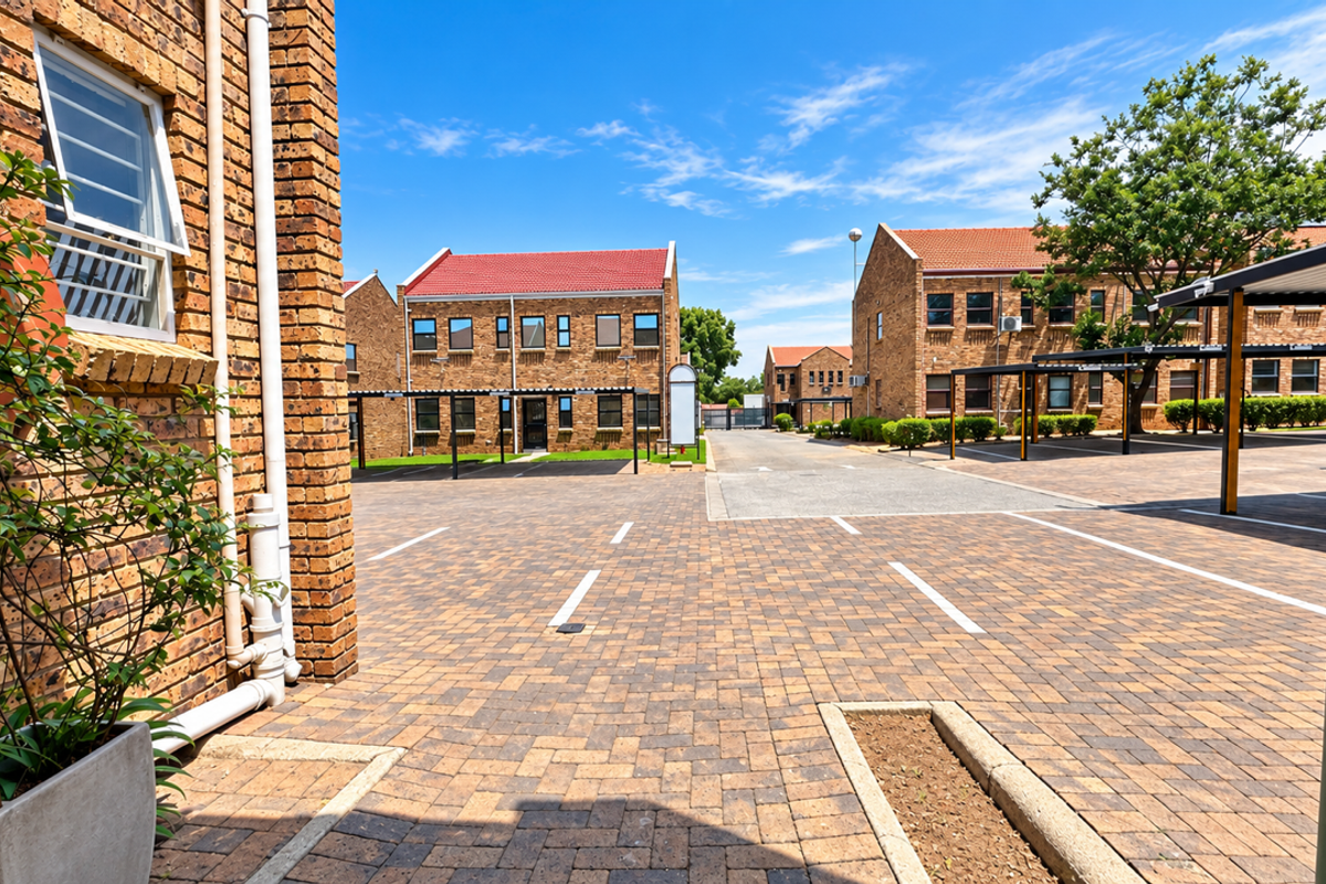 A well-maintained business complex featuring face brick buildings, paved parking bays, and covered carport structures under a clear blue sky.