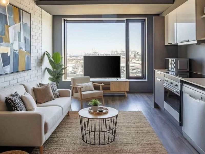 Modern open-plan living area featuring a sleek kitchen with integrated appliances, exposed brick wall, and large windows offering expansive urban views.