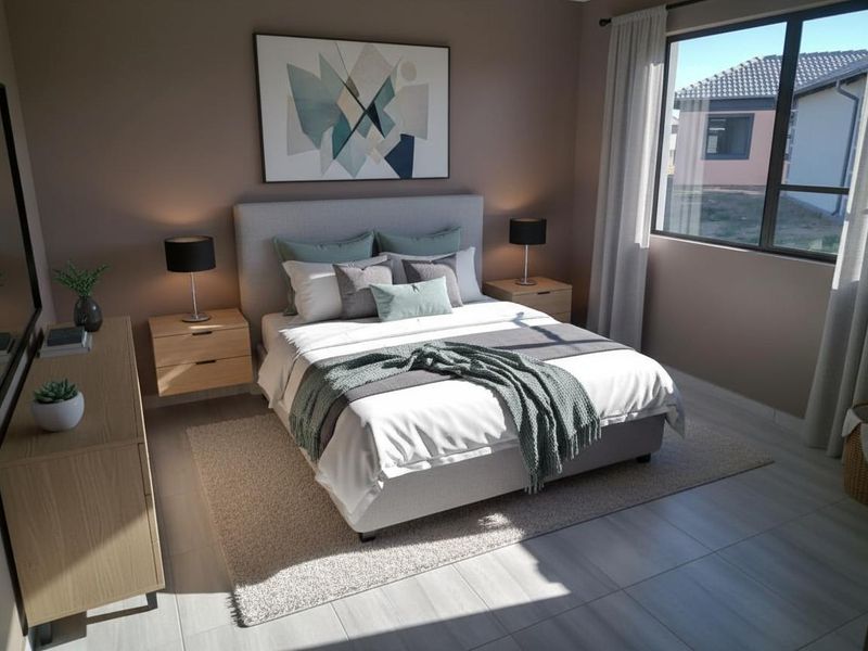 A well-lit, modern bedroom featuring neutral wall tones, large windows, and contemporary tiled flooring.