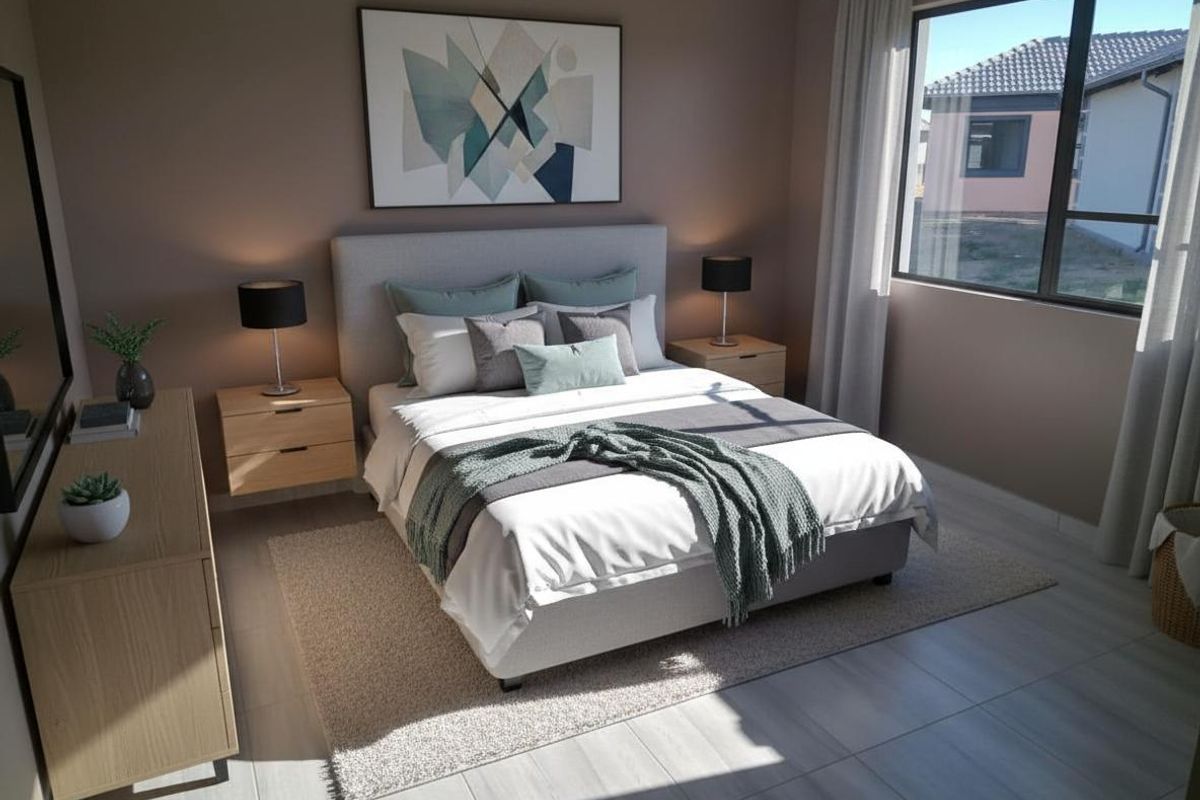 A well-lit, modern bedroom featuring neutral wall tones, large windows, and contemporary tiled flooring.