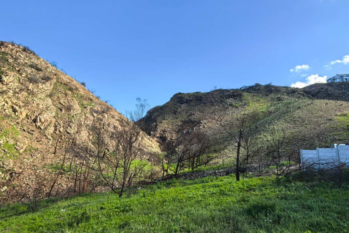 A view of vacant residential land featuring rugged hillside terrain and natural landscape with a perimeter boundary wall.