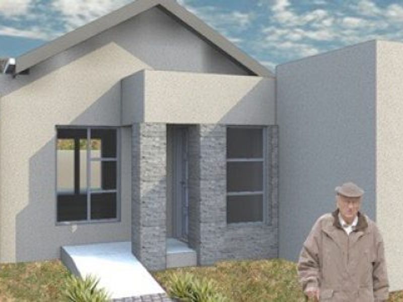 A modern residential front elevation featuring stone cladding accents, a single roller garage door, and clean architectural lines.