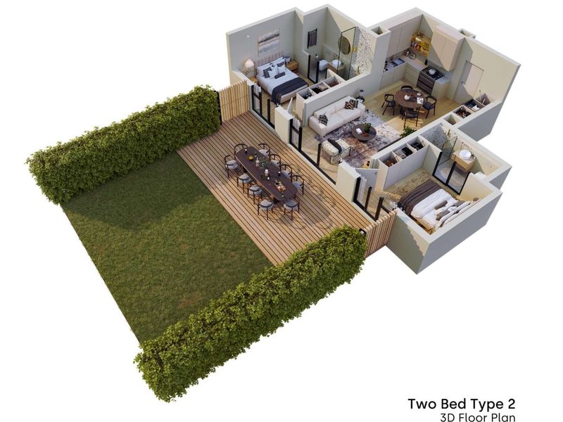 A 3D floor plan rendering of a two-bedroom apartment featuring an open-plan living area, kitchen, and a private outdoor deck with garden space.