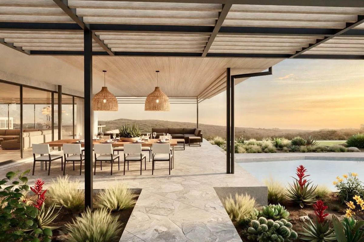 A modern covered patio featuring stone paving, a pergola structure, and seamless access to a swimming pool with scenic landscape views.