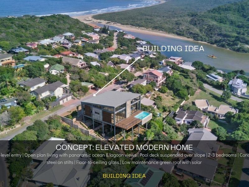 Aerial view of a conceptual modern home design featuring an elevated structure, pool deck, and panoramic coastal views.