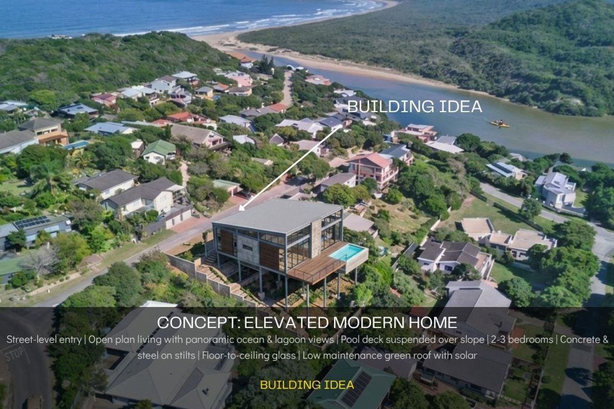 Aerial view of a conceptual modern home design featuring an elevated structure, pool deck, and panoramic coastal views.