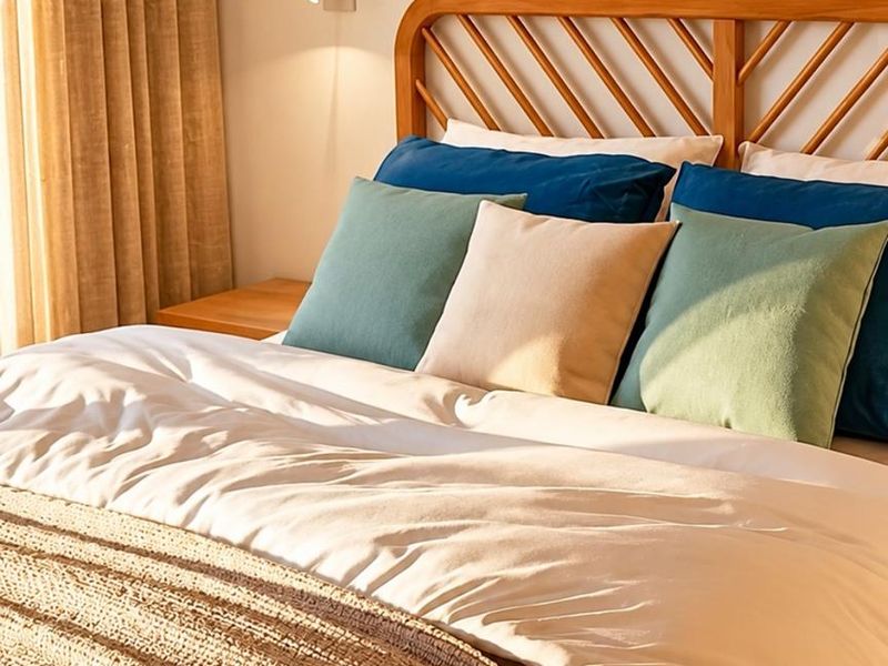 A well-appointed bedroom featuring a wooden headboard, integrated wall-mounted reading light, and floor-to-ceiling curtains.