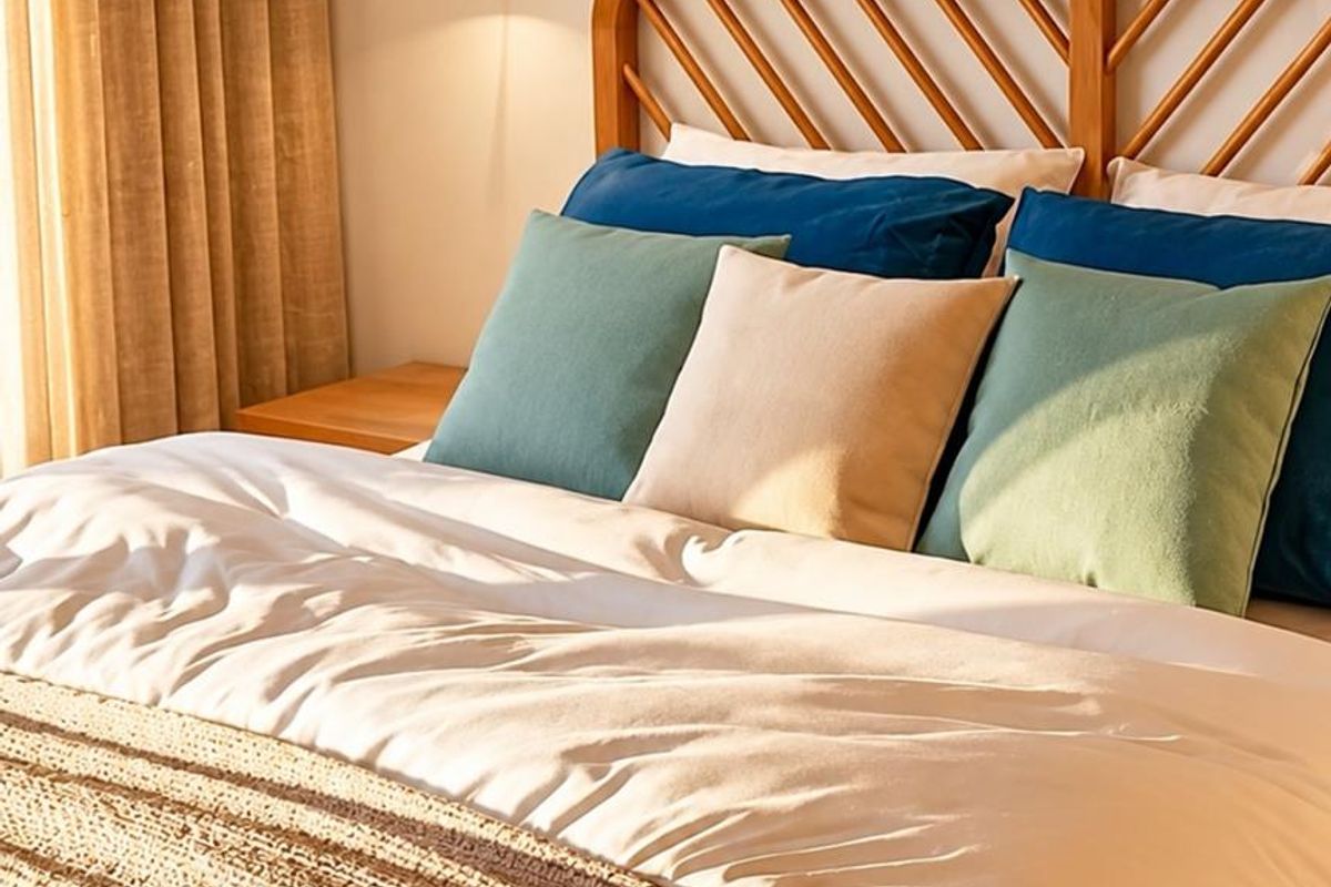 A well-appointed bedroom featuring a wooden headboard, integrated wall-mounted reading light, and floor-to-ceiling curtains.