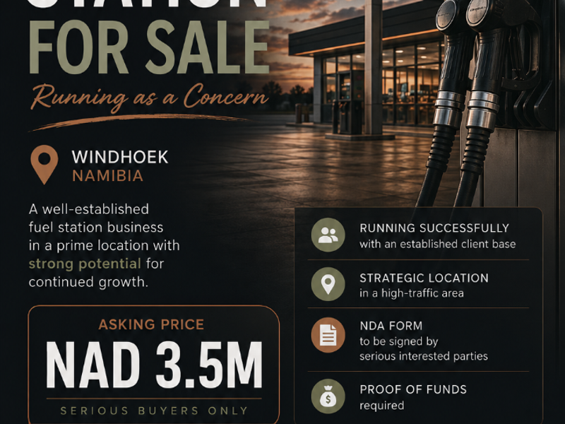 A promotional advertisement flyer for a fuel station business for sale in Windhoek, Namibia.