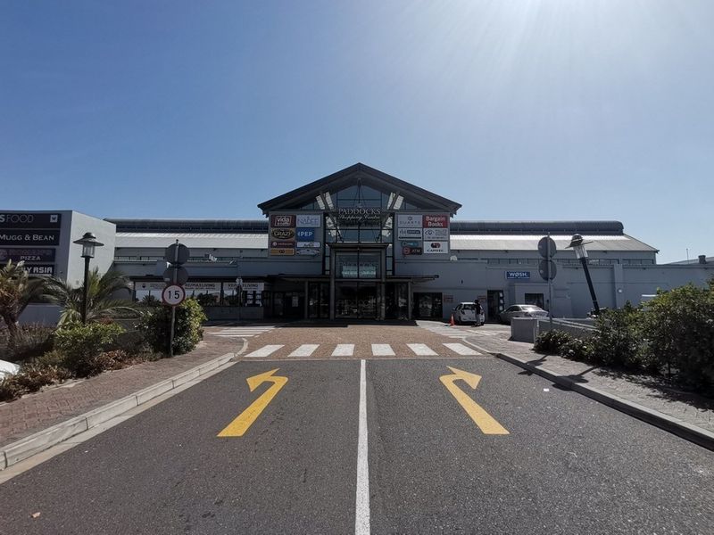 Front elevation of The Paddocks Shopping Centre featuring a paved driveway, pedestrian crossing, and prominent retail signage at the main entrance.