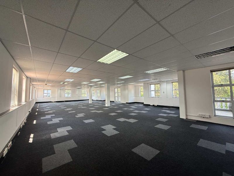 A spacious, open-plan office area featuring suspended ceilings, recessed lighting, and patterned carpet tiles, offering a bright and versatile workspace.