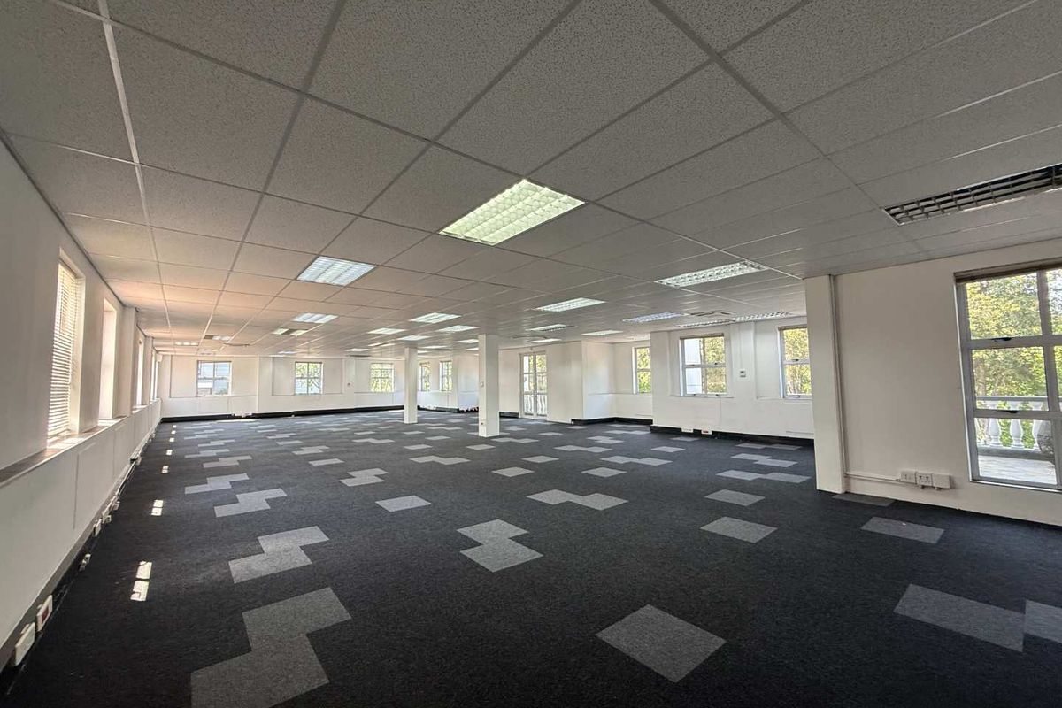 A spacious, open-plan office area featuring suspended ceilings, recessed lighting, and patterned carpet tiles, offering a bright and versatile workspace.