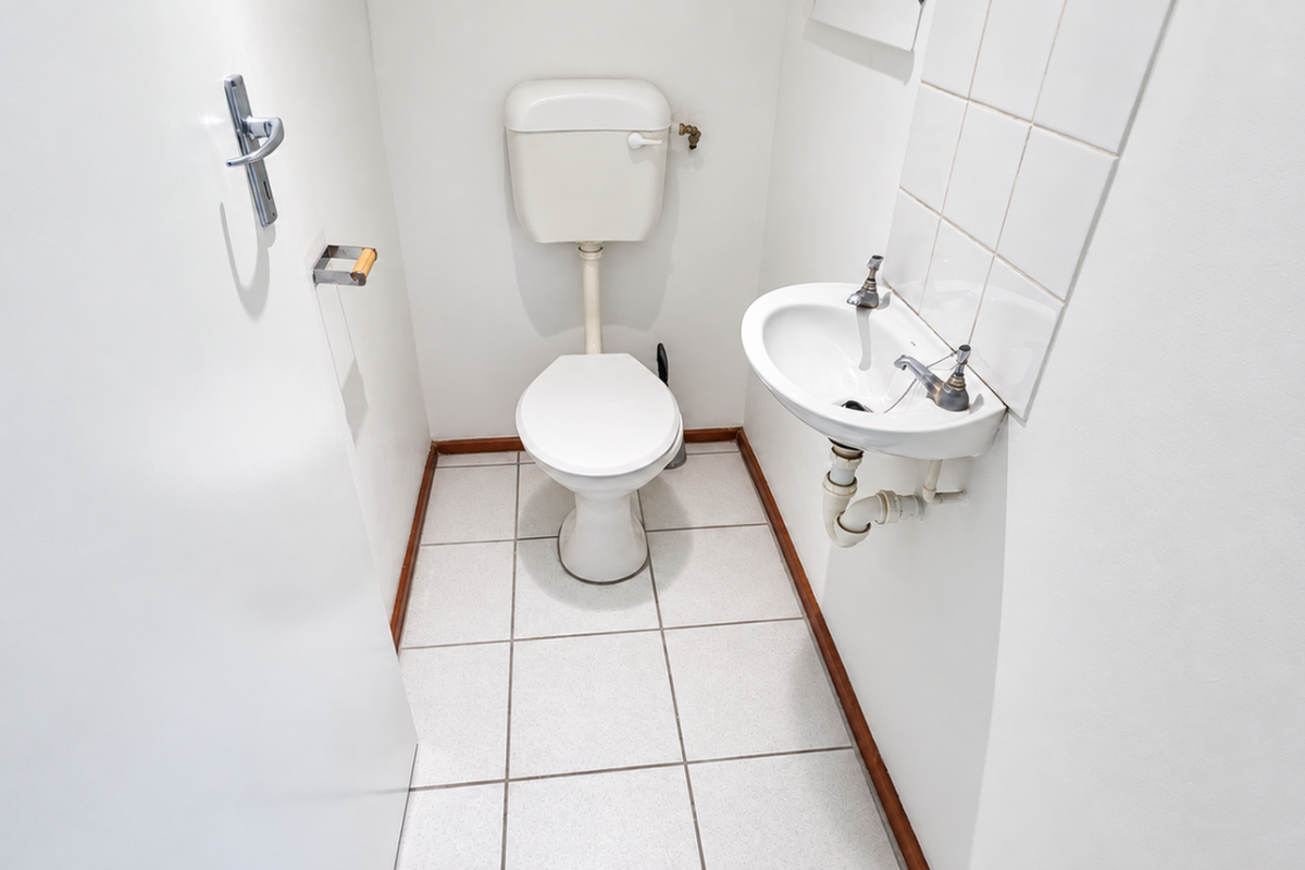 A compact powder room featuring a standard toilet and a wall-mounted basin with tiled splashback and ceramic floor tiles.