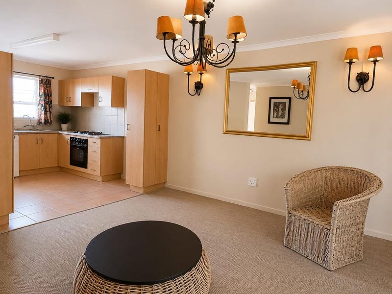 Open-plan living area featuring a functional kitchen with built-in cabinetry, oven, and hob, seamlessly flowing into a carpeted lounge space.