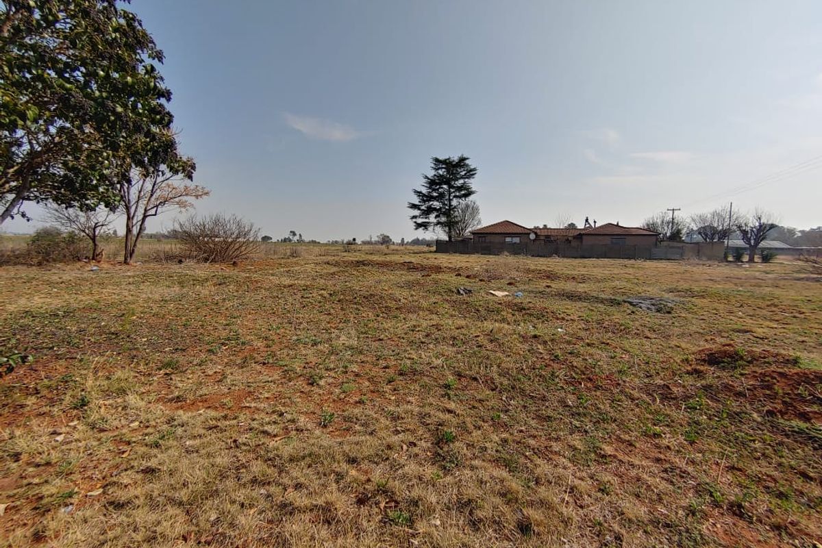A wide-angle view of a vacant residential plot featuring natural grass cover and a boundary wall in the background.