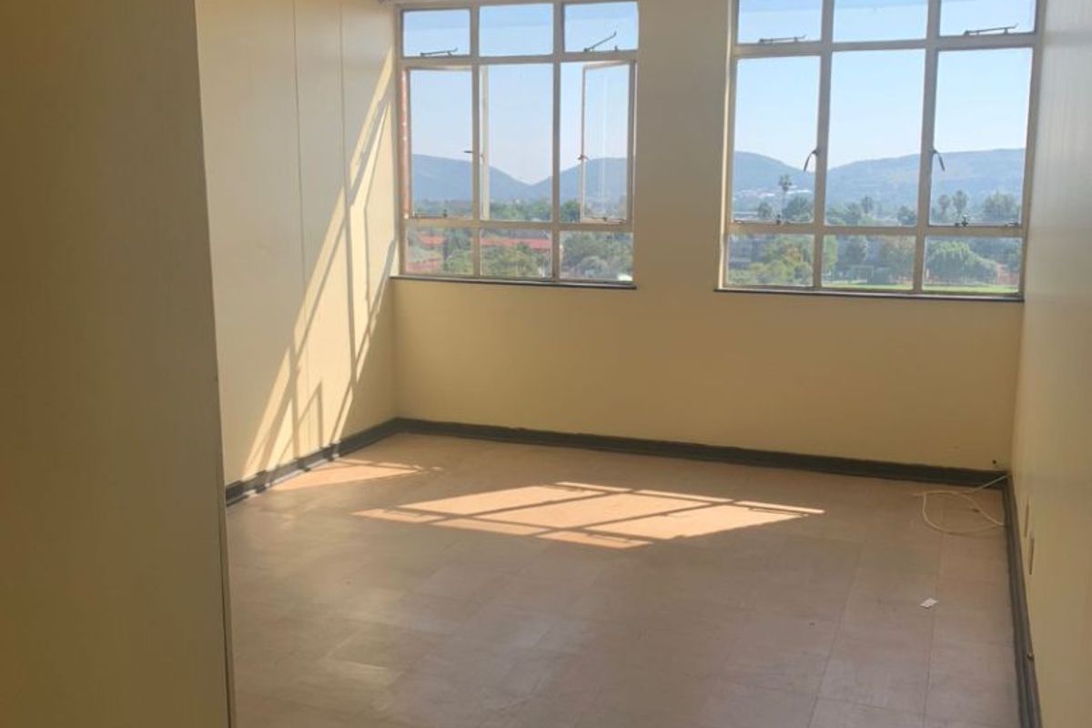 An empty bedroom featuring large windows with mountain views, vinyl flooring, and a simple ceiling light fixture.