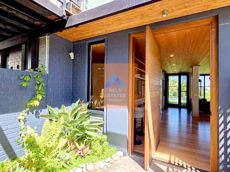 Modern entrance featuring a timber pivot door, hardwood flooring, and a timber-clad ceiling, leading into a bright, open-plan living space.