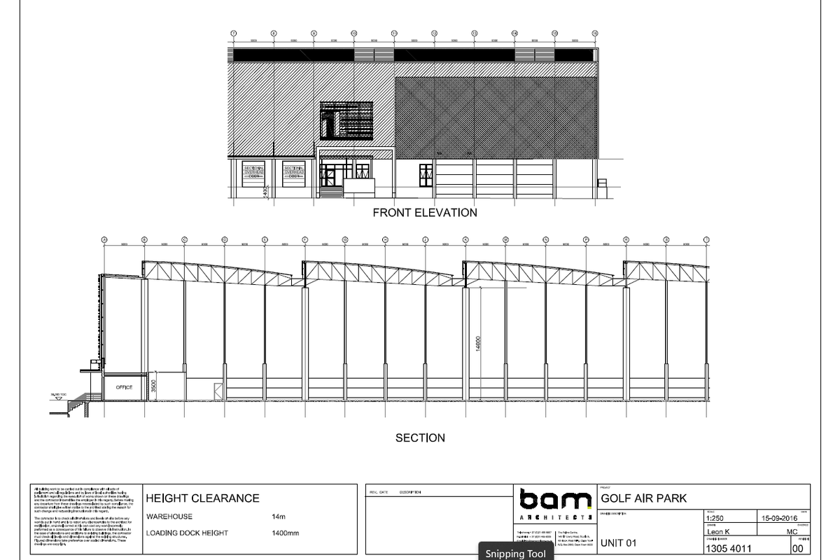 Architectural elevation and section drawings for Golf Air Park Unit 01, detailing warehouse structure, loading docks, and office layout.