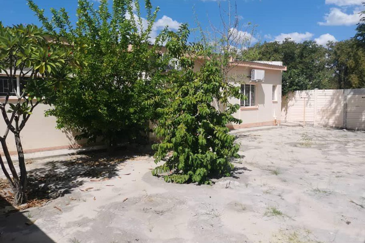 A view of the rear exterior of the property featuring a sandy yard area, mature trees, and a perimeter boundary wall.