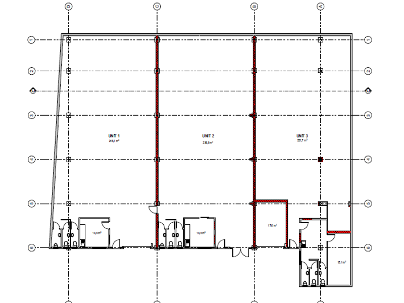 Architectural floor plan showing the layout of three commercial units with designated restroom areas and structural column grid.