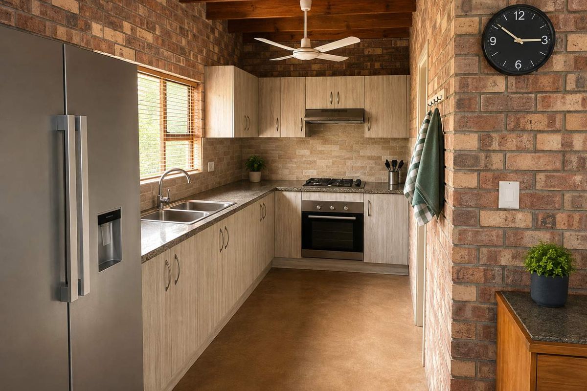 A well-appointed kitchen featuring exposed brick walls, timber ceiling beams, modern laminate cabinetry, stone countertops, and high-quality built-in appliances.