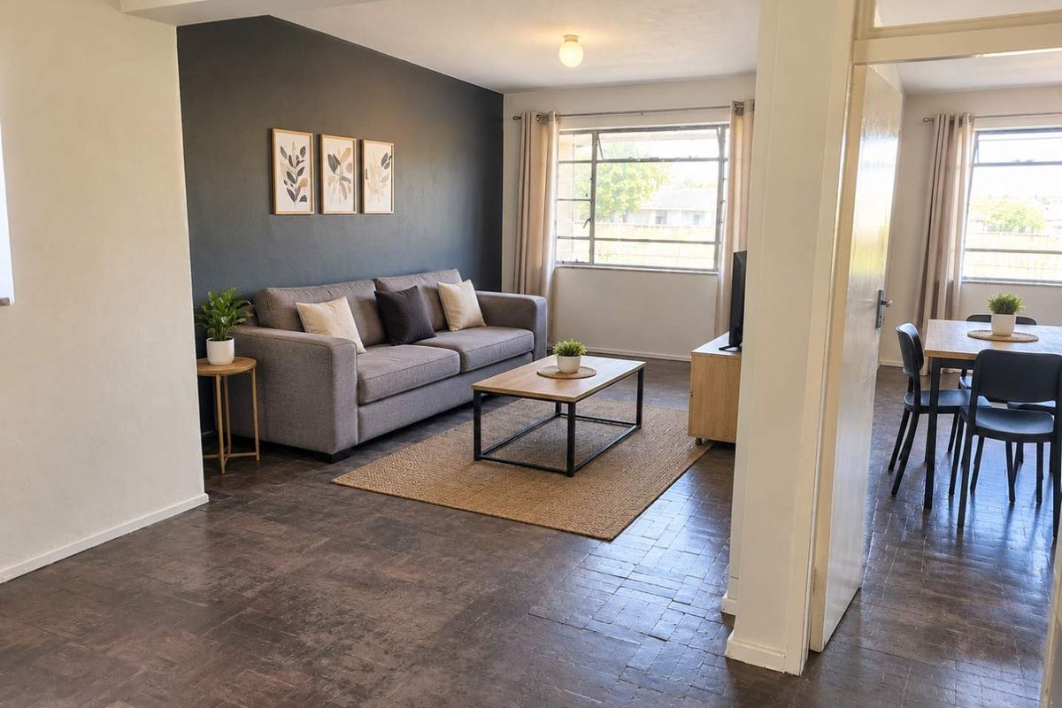 Open plan living and dining area featuring classic parquet flooring and large steel frame windows, providing a bright and functional layout.