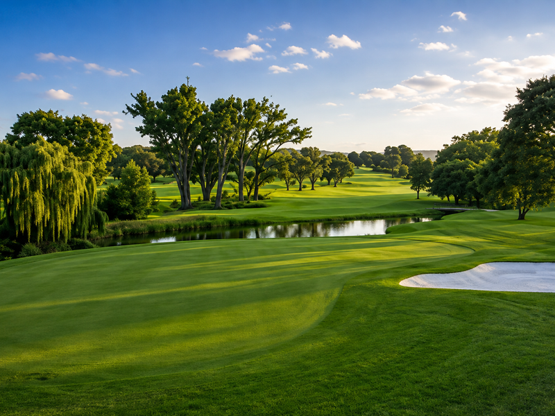 A scenic view of a well-maintained golf course featuring lush green fairways, mature trees, a water hazard, and a sand bunker.